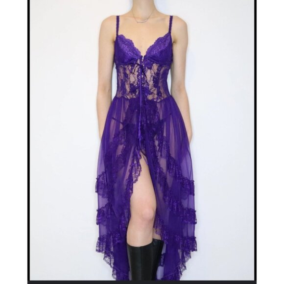 Purple Lace Babydoll Bustier Lingerie Duster Ruffles Sexy Y2K Goth Push Up Large - Picture 2 of 16